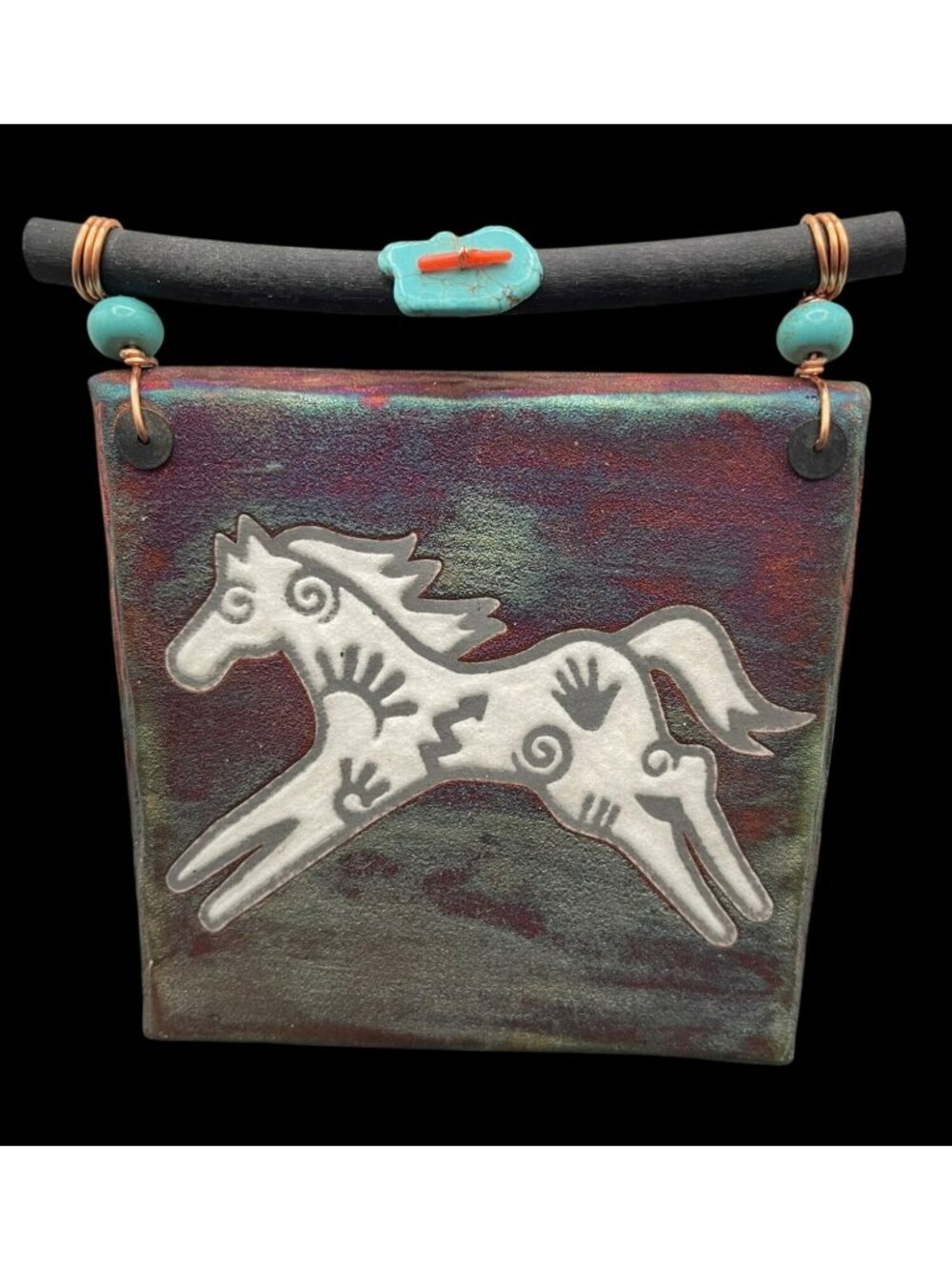 Raku Dream Catcher Art Tile -Turquoise Stone w/ White Horse Artist J Diller (Jer